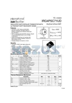 IRG4PSC71UD datasheet - INSULATED GATE BIPOLAR TRANSISTOR WITH ULTRAFAST SOFT RECOVERY DIODE(Vces=600V, Vce(on)typ.=1.67V, @Vge=15V, Ic=60A)