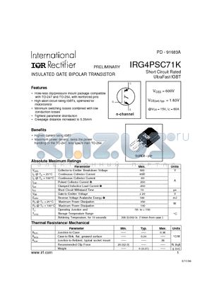 IRG4PSC71K datasheet - INSULATED GATE BIPOLAR TRANSISTOR(Vces=600V,Vce(on)typ.=1.83V, @Vge=15V, Ic=60A)