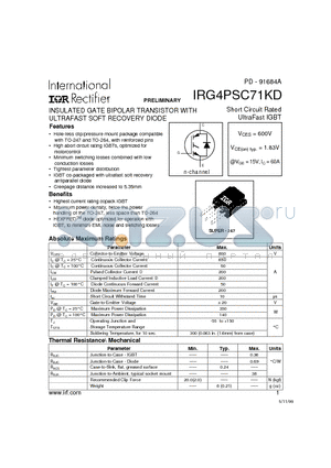 IRG4PSC71KD datasheet - INSULATED GATE BIPOLAR TRANSISTOR WITH ULTRAFAST SOFT RECOVERY DIODE(Vces=600V, Vce(on)typ.=1.83V, @Vge=15V, Ic=60A)