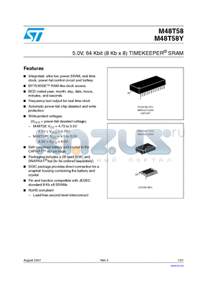 M48T58-70MH1E datasheet - 5.0V, 64 Kbit (8 Kb x 8) TIMEKEEPER SRAM