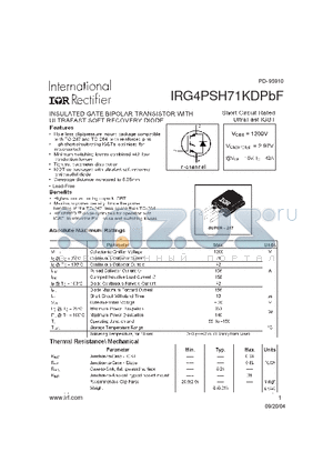 IRG4PSH71KDPBF datasheet - INSULATED GATE BIPOLAR TRANSISTOR WITH ULTRAFAST SOFT RECOVERY DIODE