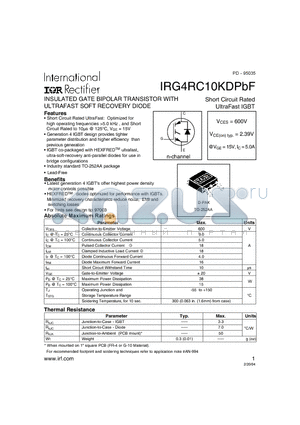 IRG4RC10KDPBF datasheet - INSULATED GATE BIPOLAR TRANSISTOR WITH ULTRAFAST SOFT RECOVERY DIODE