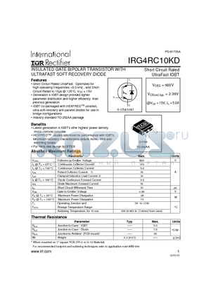 IRG4RC10 datasheet - INSULATED GATE BIPOLAR TRANSISTOR WITH ULTRAFAST SOFT RECOVERY DIODE(Vces=600V, Vce(on)typ.=2.39V, @Vge=15V, Ic=5.0A)