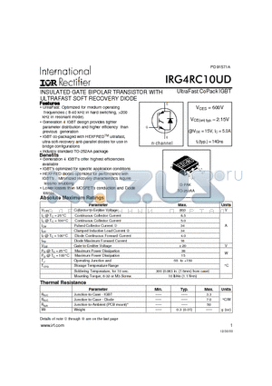 IRG4RC10UD datasheet - INSULATED GATE BIPOLAR TRANSISTOR WITH ULTRAFAST SOFT RECOVERY DIODE(Vces=600V, Vce(on)typ.=2.15V, @Vge=15V, Ic=5.0A)