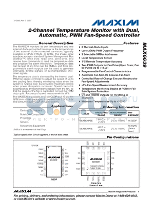 MAX6639 datasheet - 2-Channel Temperature Monitor with Dual, Automatic, PWM Fan-Speed Controller