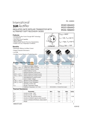 IRGB15B60KD datasheet - INSULATED GATE BIPOLAR TRANSISTOR WITH ULTRAFAST SOFT RECOVERY DIODE