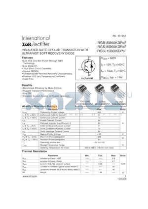 IRGB15B60KDPBF datasheet - INSULATED GATE BIPOLAR TRANSISTOR WITH ULTRAFAST SOFT RECOVERY DIODE