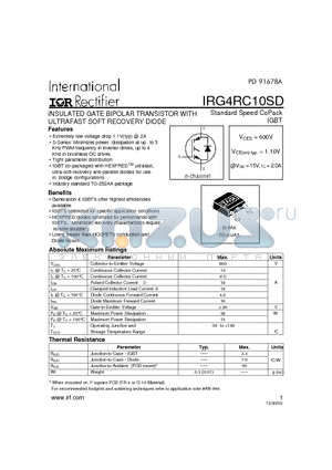 IRG4RC10SD datasheet - INSULATED GATE BIPOLAR TRANSISTOR WITH ULTRAFAST SOFT RECOVERY DIODE(Vces=600V, Vce(on)typ.=1.10V, @Vge=15V, Ic=2.0A)