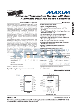 MAX6640AEE+ datasheet - 2-Channel Temperature Monitor with Dual Automatic PWM Fan-Speed Controller