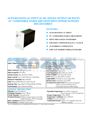HSU160-13 datasheet - AUTO-RANGING AC INPUT AC-DC SINGLE OUTPUT 160 WATTS 19 COMPATIBLE EUROCARD SWITCHING POWER SUPPLIES HSU160 SERIES