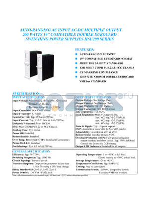 HSU200-Q033EII datasheet - AUTO-RANGING AC INPUT AC-DC MULTIPLE OUTPUT 200 WATTS 19 COMPATIBLE DOUBLE EUROCARD SWITCHING POWER SUPPLIES HSU200 SERIES