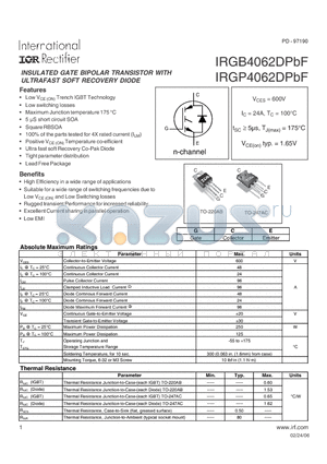 IRGB4062DPBF datasheet - INSULATED GATE BIPOLAR TRANSISTOR WITH ULTRAFAST SOFT RECOVERY DIODE
