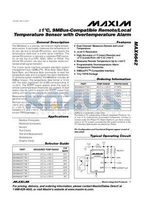 MAX6642 datasheet - a1`C, SMBus-Compatible Remote/Local Temperature Sensor with vertemperature Alarm