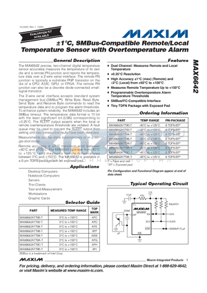 MAX6642ATT96-T datasheet - a1`C, SMBus-Compatible Remote/Local Temperature Sensor with Overtemperature Alarm