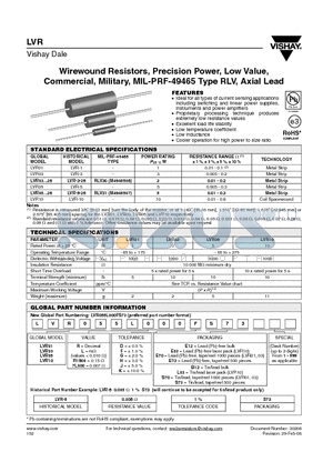 LVR01R1500GE70B121 datasheet - Wirewound Resistors, Precision Power, Low Value, Commercial, Military, MIL-PRF-49465 Type RLV, Axial Lead