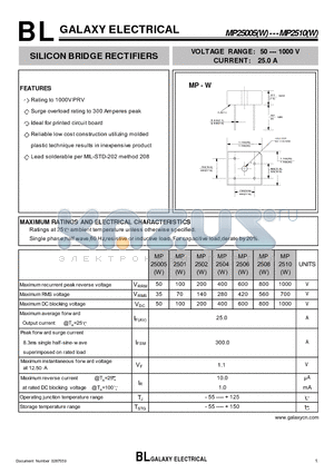 MP2508W datasheet - SILICON BRIDGE RECTIFIERS