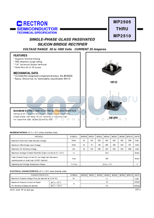 MP2510 datasheet - SINGLE-PHASE GLASS PASSIVATED SILICON BRIDGE RECTIFIER (VOLTAGE RANGE 50 to 1000 Volts CURRENT 25 Amperes)