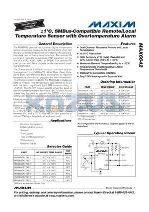 MAX6642ATT9C-T datasheet - a1`C, SMBus-Compatible Remote/Local Temperature Sensor with Overtemperature Alarm