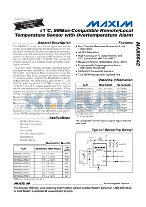 MAX6642ATT9E-T datasheet - a1`C, SMBus-Compatible Remote/Local Temperature Sensor with Overtemperature Alarm