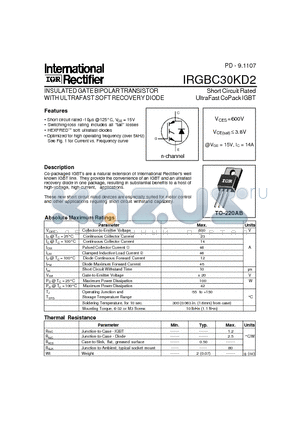 IRGBC30KD2 datasheet - INSULATED GATE BIPOLAR TRANSISTOR WITH ULTRAFAST SOFT RECOVERY DIODE Short Circuit Rated UltraFast CoPack IGBT
