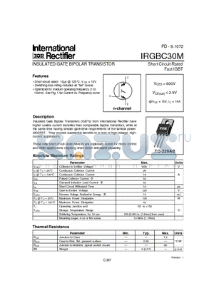 IRGBC30M datasheet - INSULATED GATE BIPOLAR TRANSISTOR(Vces=600V, @Vge=15V, Ic=16A)