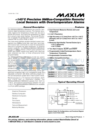 MAX6647MUA datasheet - 145`C Precision SMBus-Compatible Remote/ Local Sensors with Overtemperature Alarms