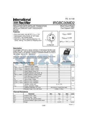 IRGBC30MD2 datasheet - INSULATED GATE BIPOLAR TRANSISTOR WITH ULTRAFAST SOFT RECOVERY(Vces=600V, @Vge=15V, Ic=16A)