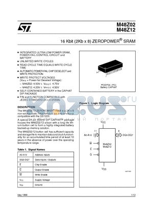 M48Z02 datasheet - 16 Kbit 2Kb x 8 ZEROPOWER SRAM