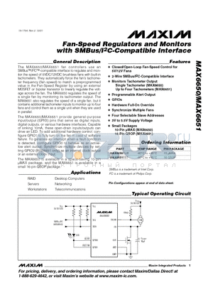 MAX6650 datasheet - Fan-Speed Regulators and Monitors with SMBus/I2C-Compatible Interface