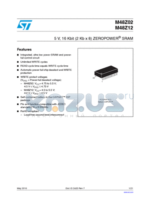 M48Z02 datasheet - 5 V, 16 Kbit (2 Kb x 8) ZEROPOWER^ SRAM