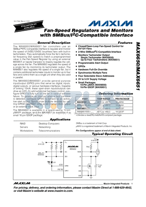 MAX6650 datasheet - Fan-Speed Regulators and Monitors with SMBus/I2C-Compatible Interface