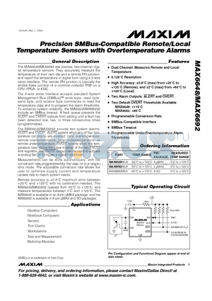 MAX6648MUA datasheet - Precision SMBus-Compatible Remote/Local Temperature Sensors with Overtemperature Alarms