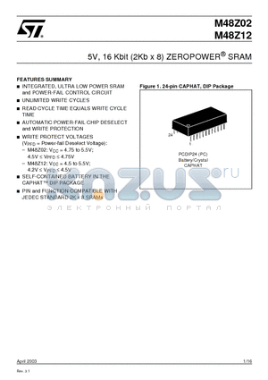 M48Z02-200PC1 datasheet - 5V, 16 Kbit (2Kb x 8) ZEROPOWER SRAM