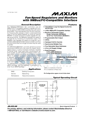 MAX6651 datasheet - Fan-Speed Regulators and Monitors with SMBus/I2C-Compatible Interface