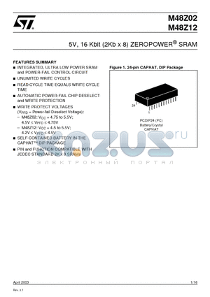 M48Z02-70PC6 datasheet - 5V, 16 Kbit (2Kb x 8) ZEROPOWER SRAM