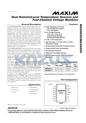 MAX6655MEE datasheet - Dual Remote/Local Temperature Sensors and Four-Channel Voltage Monitors