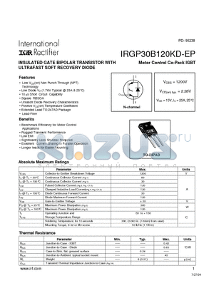 IRGP30B120KD-EP datasheet - INSULATED GATE BIPOLAR TRANSISTOR WITH ULTRAFAST SOFT RECOVERY DIODE Motor Control Co-Pack IGBT