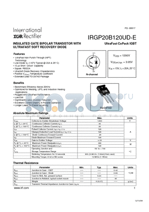 IRGP20B120UD-E datasheet - INSULATED GATE BIPOLAR TRANSISTOR WITH ULTRAFAST SOFT RECOVERY DIODE