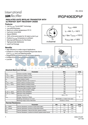 IRGP4063DPBF datasheet - INSULATED GATE BIPOLAR TRANSISTOR WITH ULTRAFAST SOFT RECOVERY DIODE