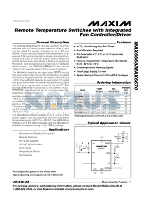 MAX6668AUA70 datasheet - Remote Temperature Switches with Integrated Fan Controller/Driver