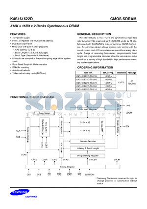 K4S161622D-TC/L60 datasheet - 512K x 16Bit x 2 Banks Synchronous DRAM