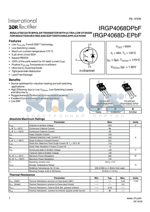 IRGP4068D-EPBF datasheet - INSULATED GATE BIPOLAR TRANSISTOR WITH ULTRA-LOW VF DIODE FOR INDUCTION HEATING AND SOFT SWITCHING APPLICATIONS