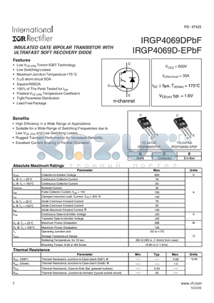 IRGP4069D-EPBF datasheet - INSULATED GATE BIPOLAR TRANSISTOR WITH ULTRAFAST SOFT RECOVERY DIODE