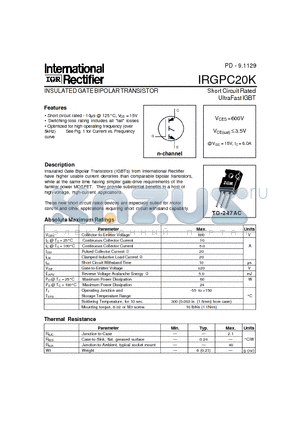 IRGPC20K datasheet - INSULATED GATE BIPOLAR TRANSISTOR Short Circuit Rated UltraFast IGBT