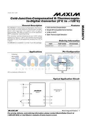 MAX6674ISA datasheet - Cold-Junction-Compensated K-Thermocouple to-Digital Converter (0`C to 128`C)