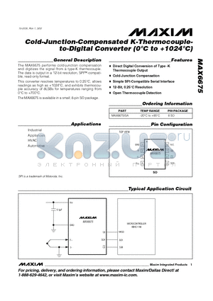 MAX6675 datasheet - Cold-Junction-Compensated K-Thermocoupleto-Digital Converter (0`C to 1024`C)