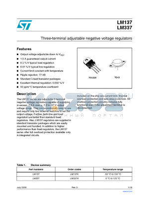 LM137 datasheet - Three-terminal adjustable negative voltage regulators