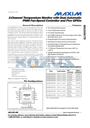 MAX6678 datasheet - 2-Channel Temperature Monitor with Dual Automatic PWM Fan-Speed Controller and Five GPIOs