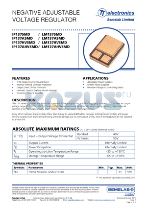 LM137AHVSMD datasheet - NEGATIVE ADJUSTABLE VOLTAGE REGULATOR