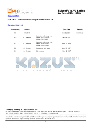 EM641FT16FU-70L datasheet - 512K x16 bit Low Power and Low Voltage Full CMOS Static RAM